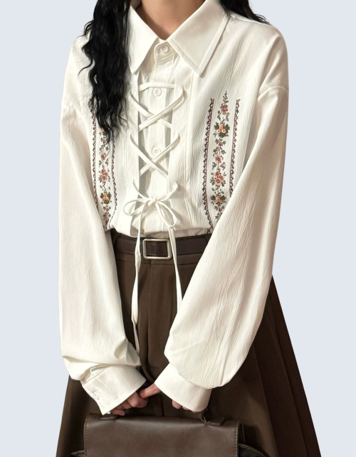 Floral embroidered lapel lace shirt