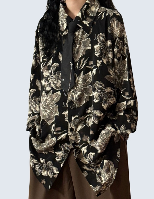 Black Floral Print Loose-Fit Long-Sleeve Shirt