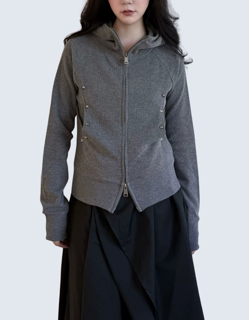 Studded Ribbed Zip-Up Hoodie