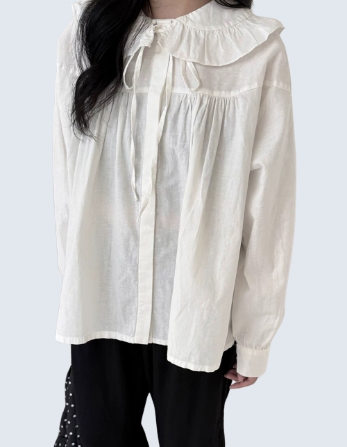 Ribbon lace waist long-sleeve shirt