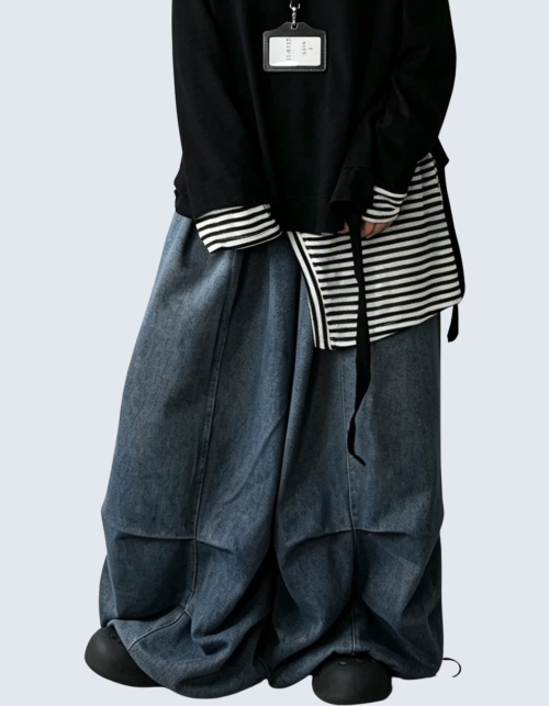 Lazy Style Waist-String Wide Denim Pants