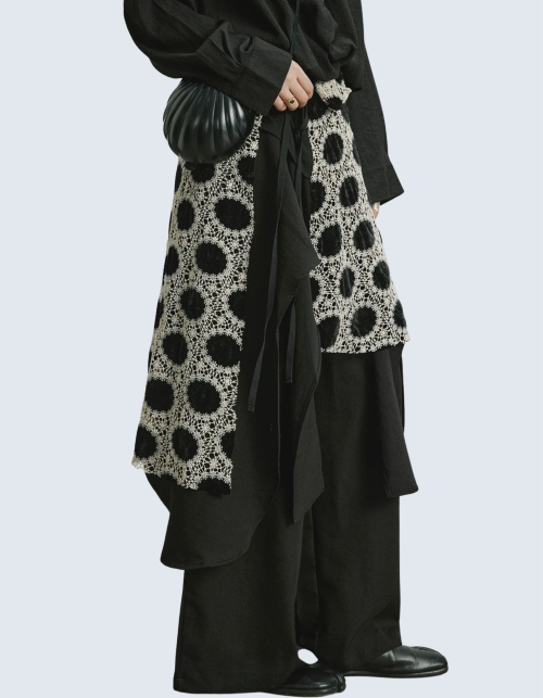Lace-Trim Color-Block Midi Skirt