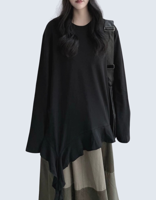 Unbalance Hem Flare Ribbon Long Sleeve T-Shirt