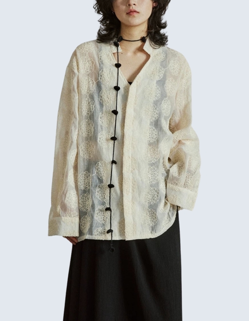 Floral Embroidered See-Through Long-Sleeve Shirt