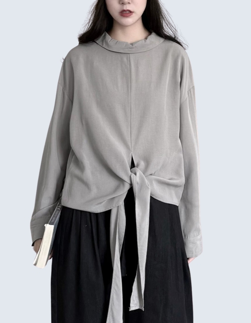 Mock Neck Ribbon Tie Blouse
