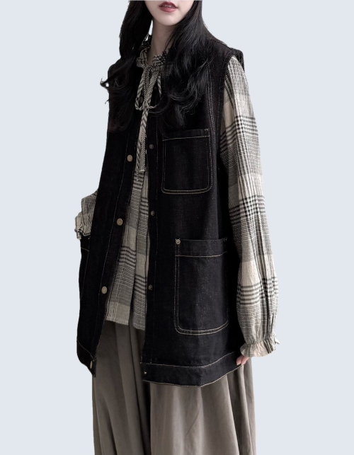 Contrast Stitch Long Denim Vest