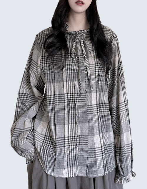 Ruffle Tie Check Cotton Linen Shirt