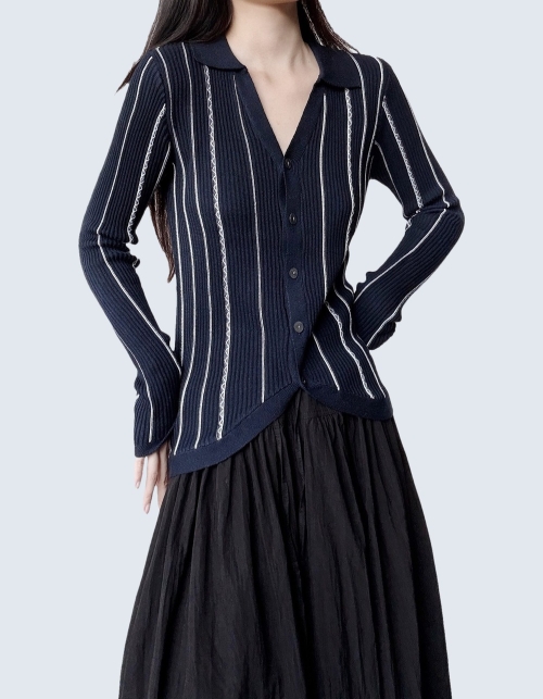 Polo Collar Stripe Rib Knit Cardigan