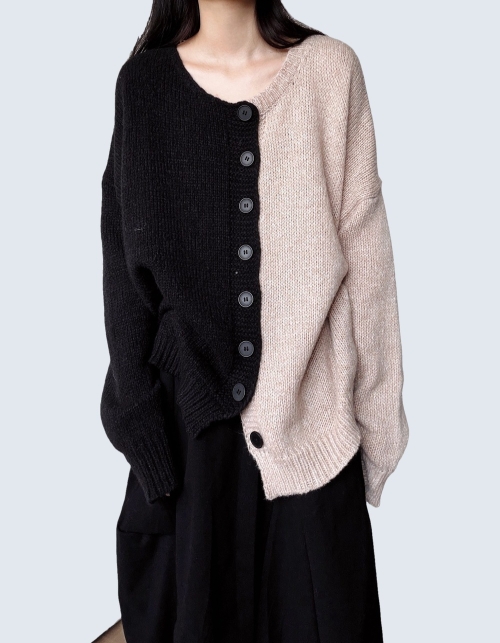 Two-Tone Asymmetric Button Knit Cardigan