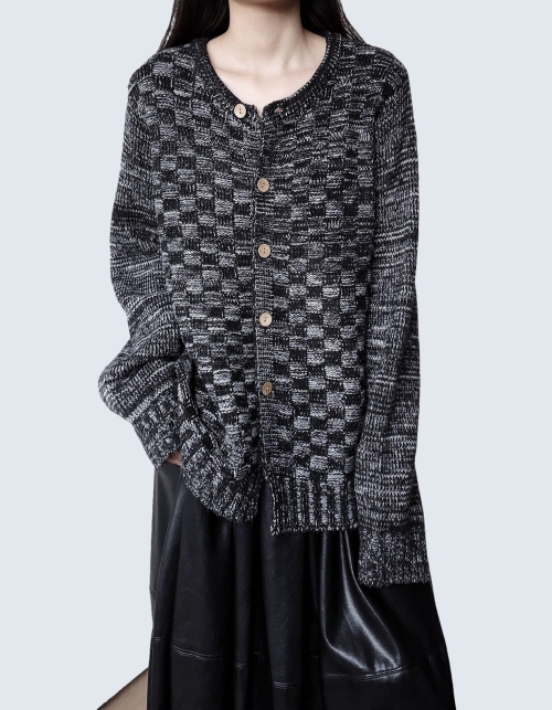 Retro Checkerboard Knit Cardigan