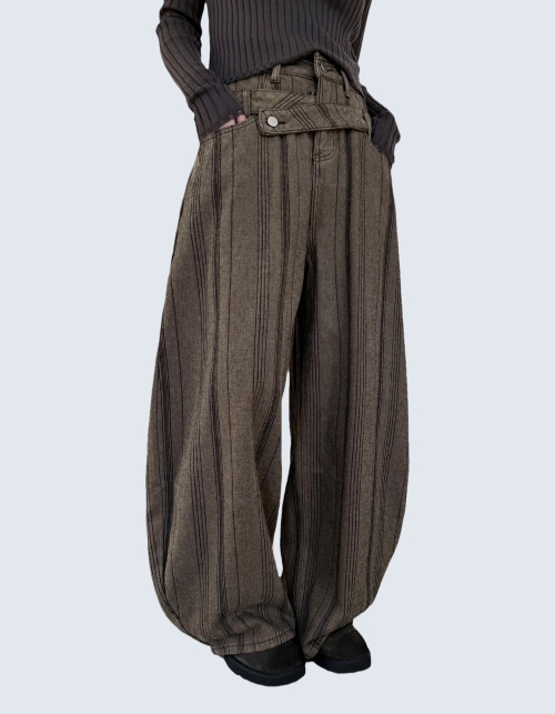 Double Waistband Stripe Balloon Wide Pants