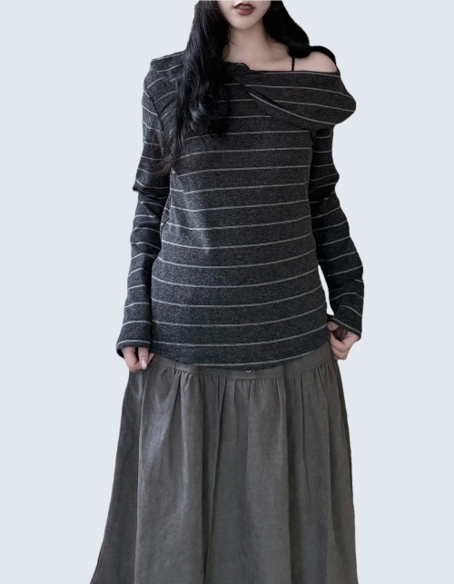 Off Shoulder Fold Collar Stripe Top