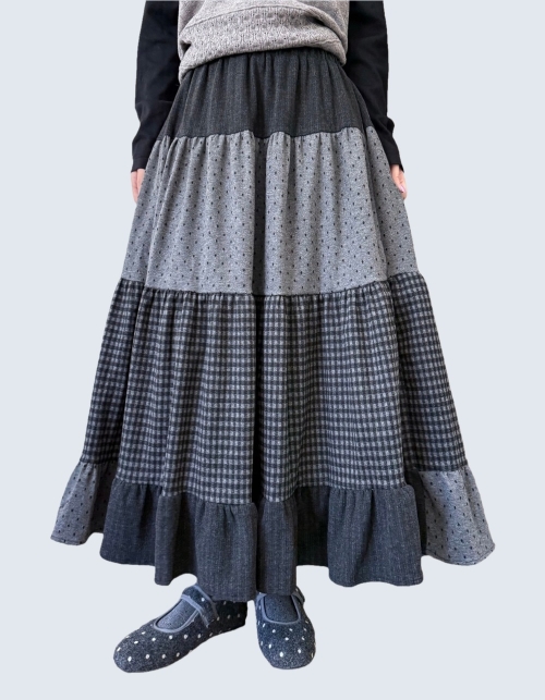Wool Blend Patchwork Tiered Maxi Skirt