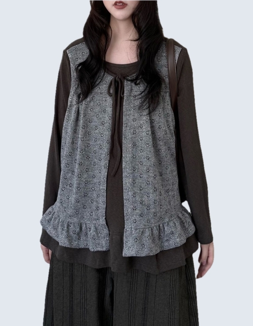 Eyelet Knit Vest Layered Long Sleeve Top