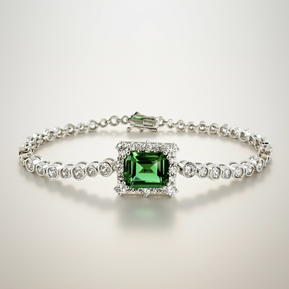 Green Emerald Cut Bracelet (그린 에메럴드컷 베젤 테니스 팔찌) Silver925