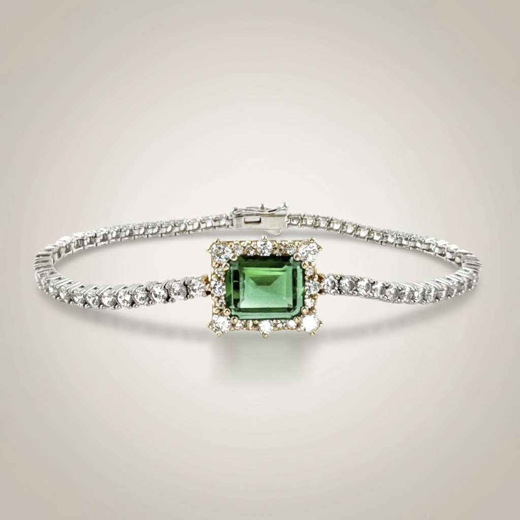 Green Emerald Cut Bracelet (그린 에메럴드컷 테니스 팔찌) Silver925