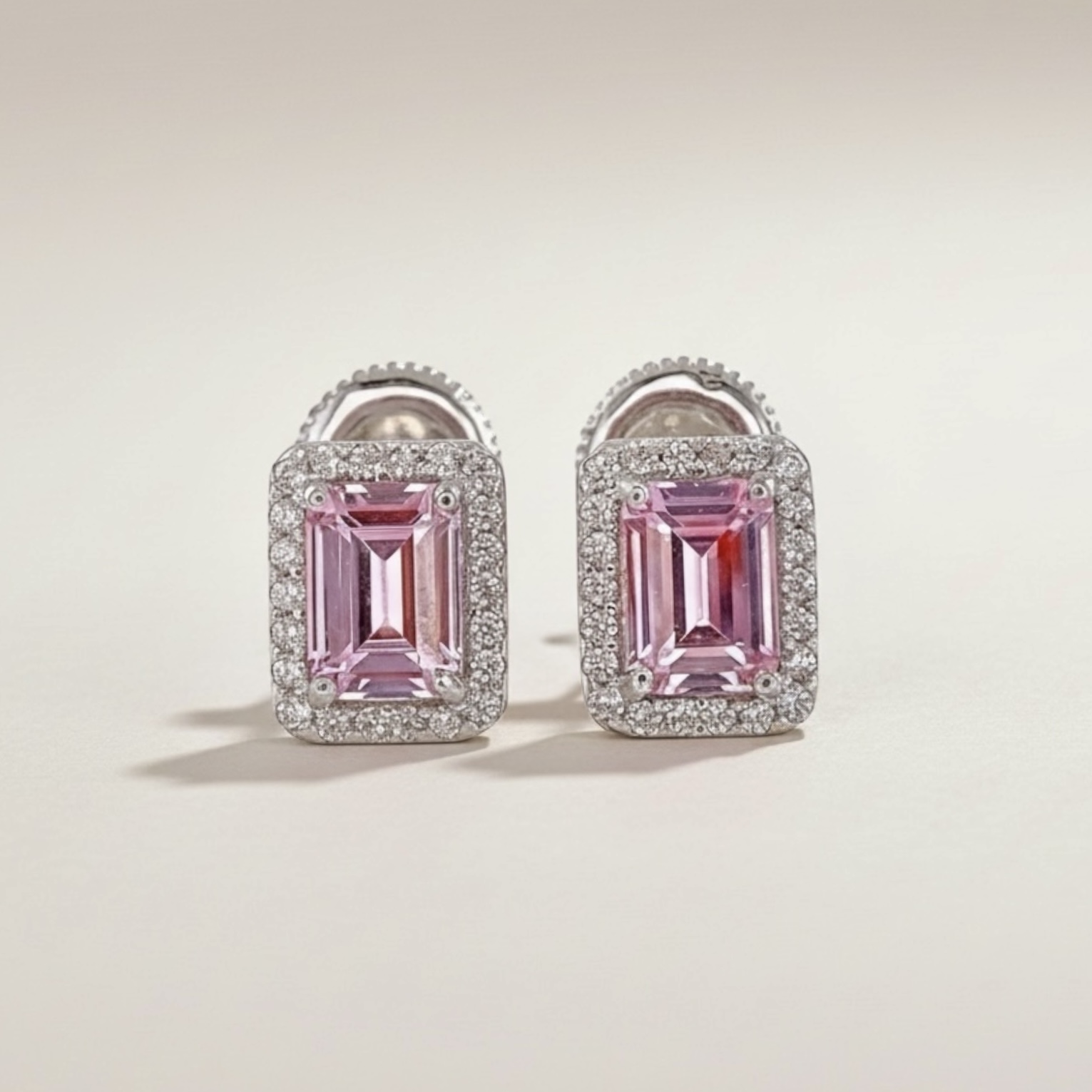 (프리오더) Emerald Cut Pink Stone Earring (에메럴드컷 핑크스톤 이어링)_Silver925