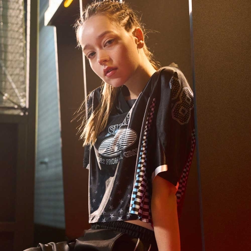 우먼스 글로시 블록코어 크롭 숏슬리브 블랙 GA6626 BK