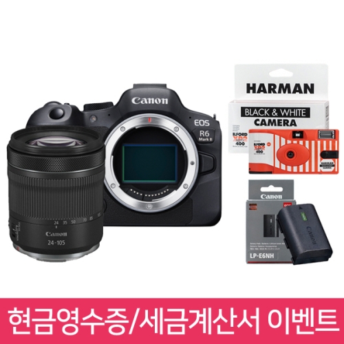 🚀1250대 판매돌파🚀 캐논 EOS R6 Mark II + RF 24-105mm F4-7.1 IS STM KIT + 보호필름 + 세무 융 & 포토리뷰 일회용 카메라 🎁 현금영수증, 세금계산서 신청 시 ⭐LP-E6NH 정품 배터리⭐ 증정! 🎁 정품등록 프로모션 🎁