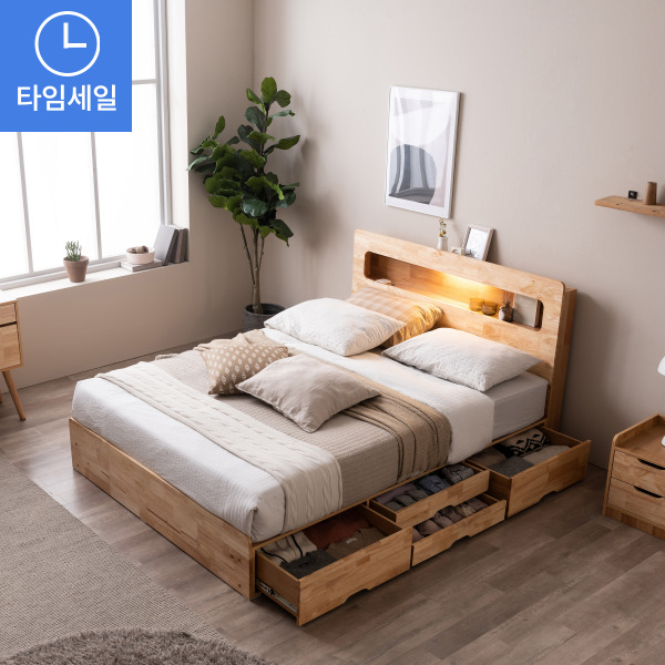 ★[3단신규출시! 매트리스무료업]★포텐 LED 3/4단서랍 수납 원목 침대(SS/Q/LK)