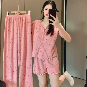 가슴 패드 내장으로 편안한 데일리 3종 홈웨어 (반바지 + 긴바지 + 반팔 상의 세트) H300