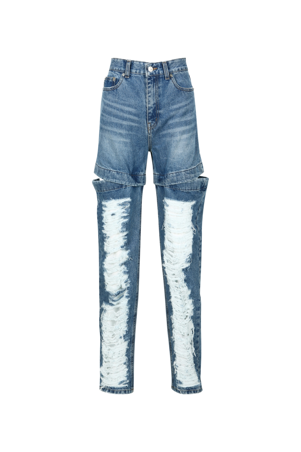 DISTRESSED CUTOUT STRAIGHT-LEG JEANS (S23DB704BL)