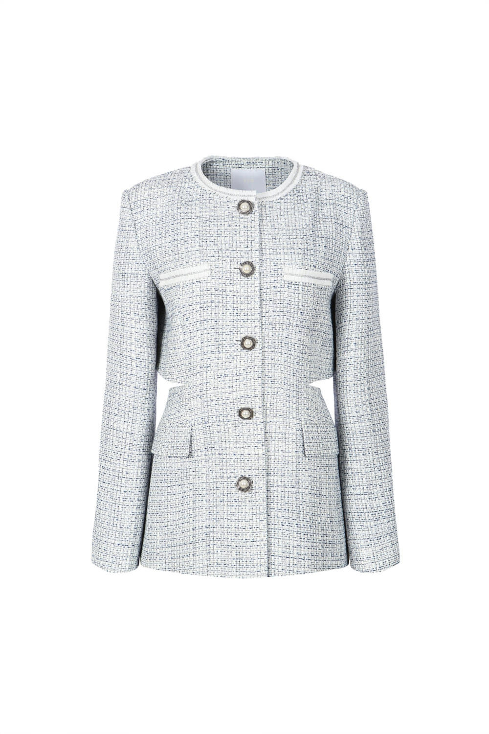 Cut-out Detailed Tweed Single button Jacket -Vintage Buttons -Cut-out Details on the waist (21SJK014BL)