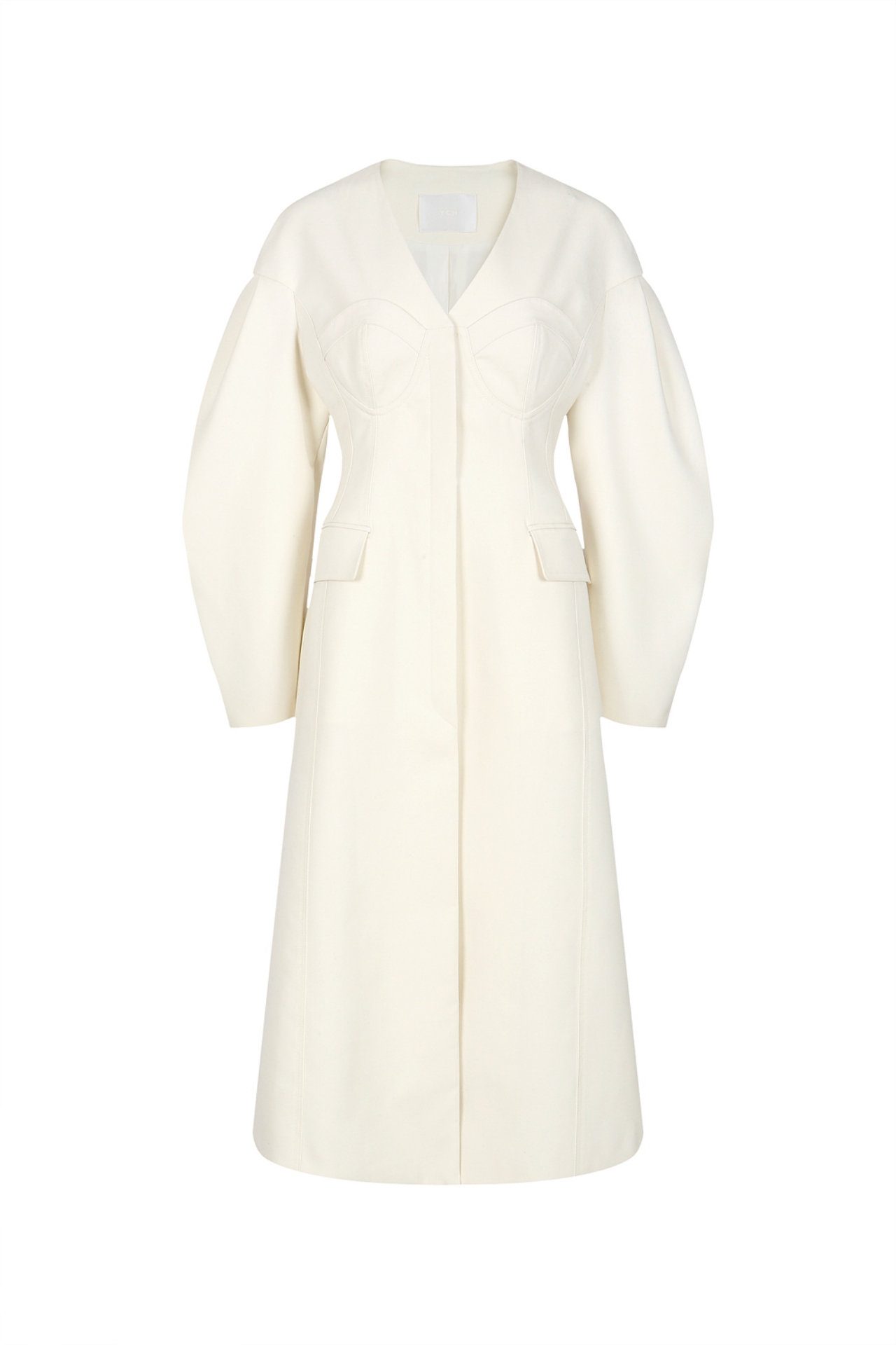 COLLARLESS BUSTIER DETAILED LONG COAT (PF21CT004IV)