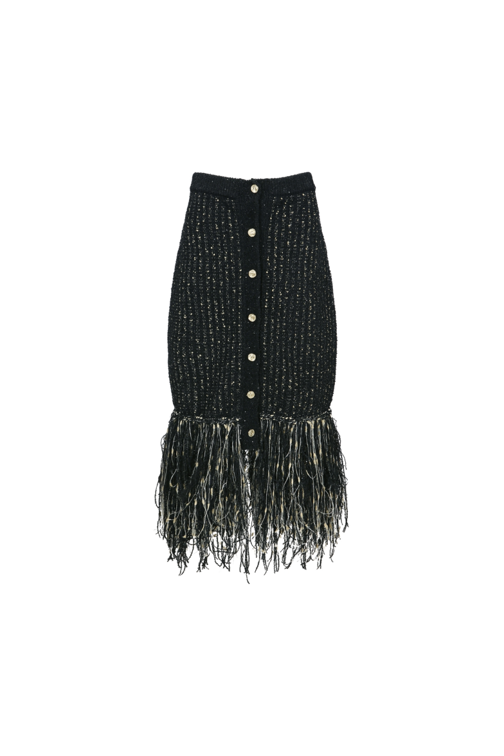 FRINGE-HEM TWEED MIDI SKIRT (F26KB9041BK)