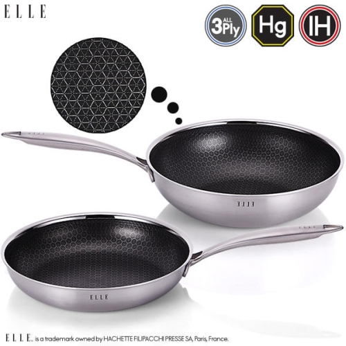 [ELLE] 엘르-루시 IH 통삼중 하이브코팅 프라이팬 2종세트 24cm 프라이팬, 26cm 궁중팬