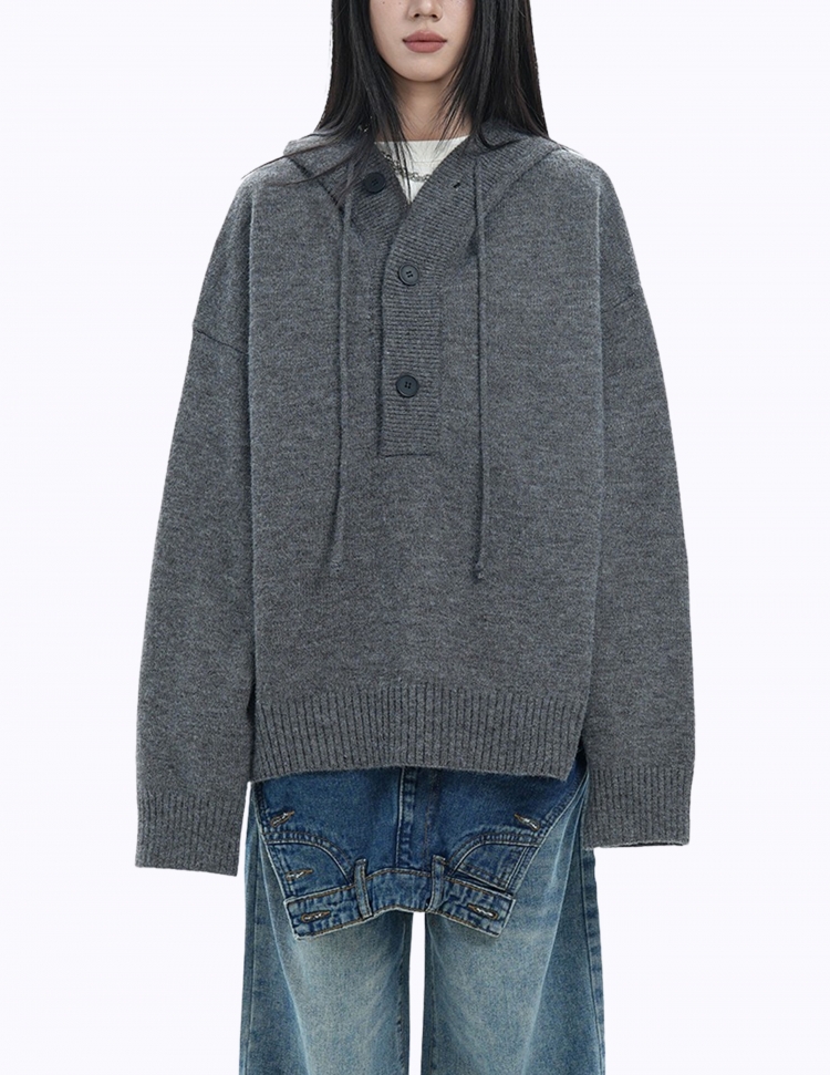 풀오버 후드 버튼 스웨터