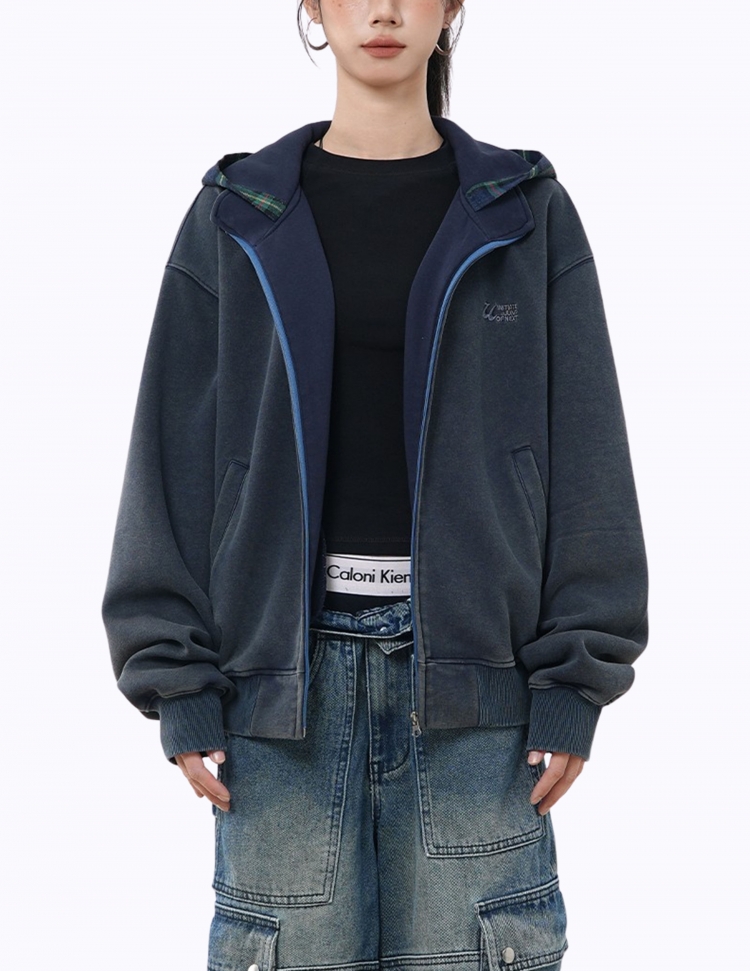 체크 패턴 투피스 워싱 후드 집업