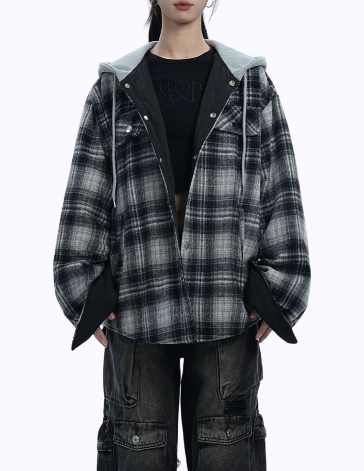 리버시블 체크 퀄팅 후드 셔츠