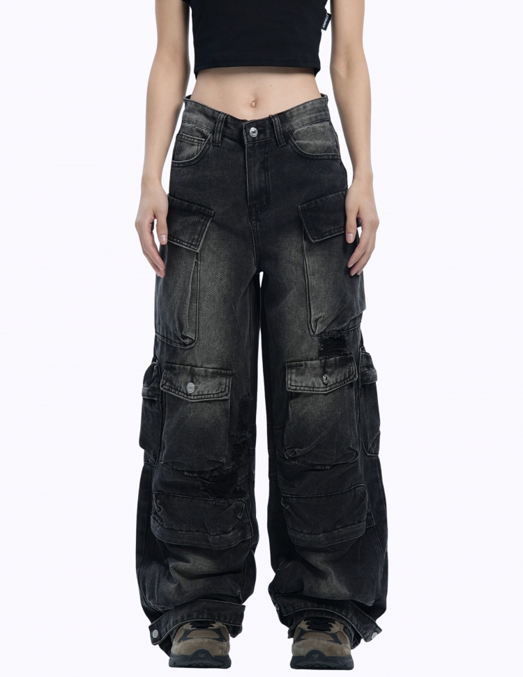 다크 블랙 워싱 멀티포켓 데님 팬츠