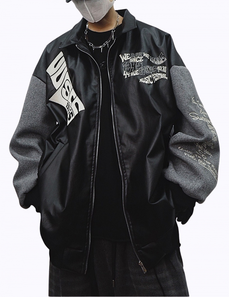 패치워크 PU레더 베이스볼 자켓