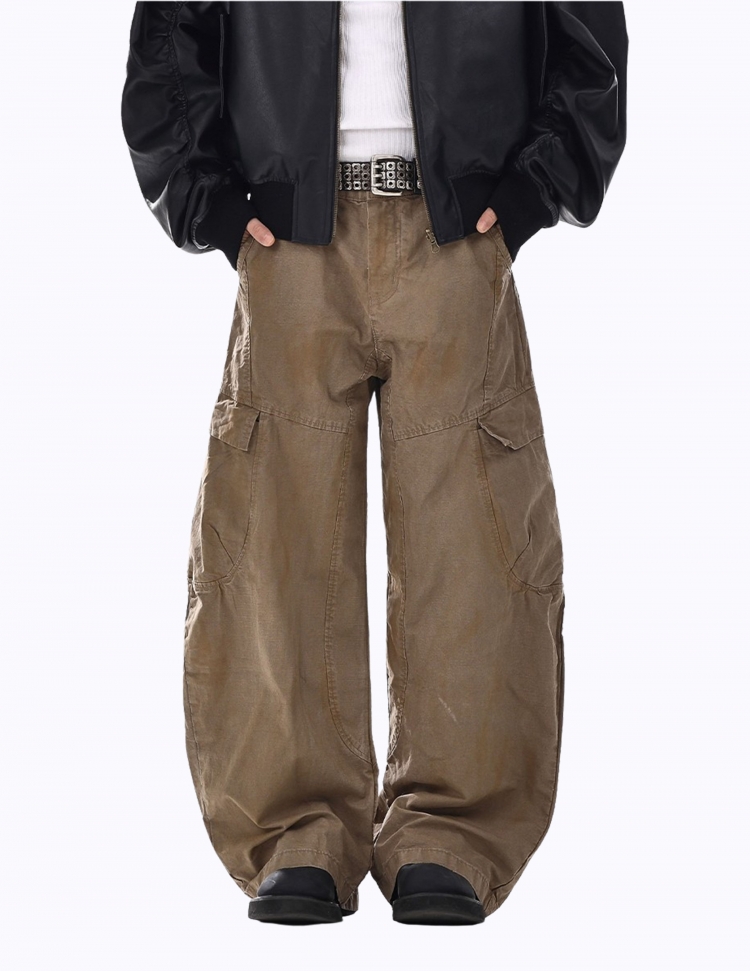 커브드 브라운 워시드 멀티포켓 팬츠