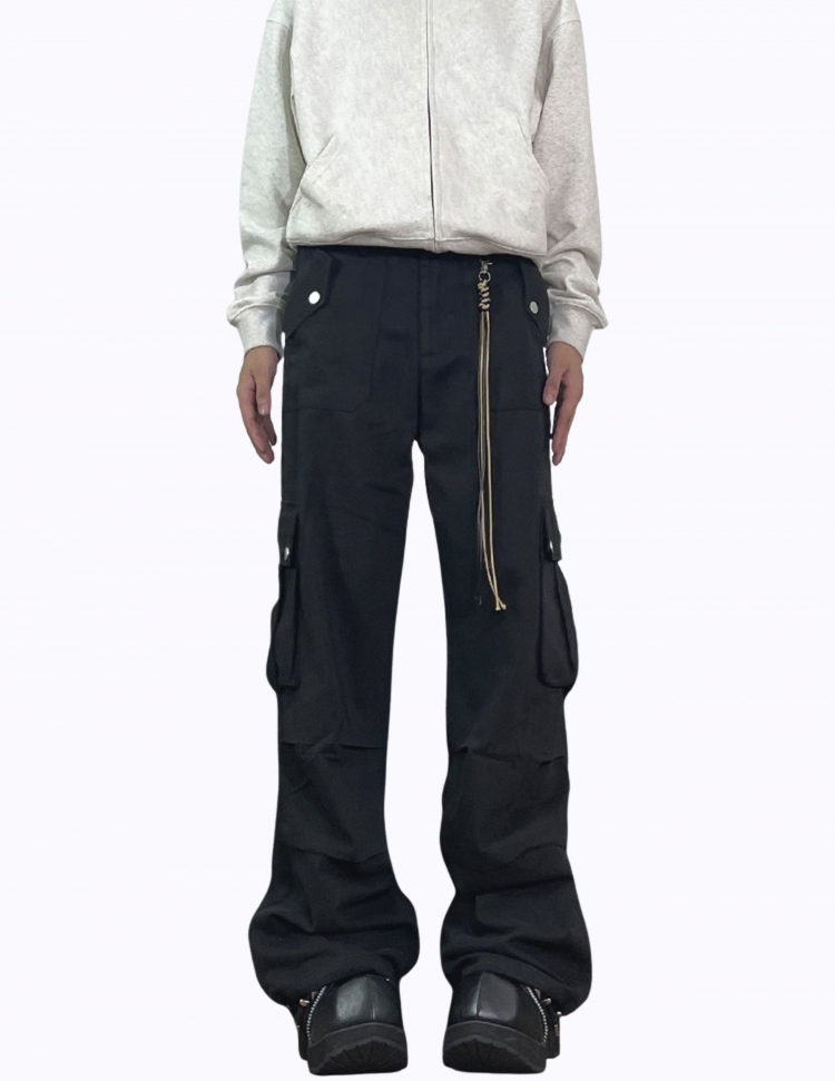 블랙 플레어 스트랩 멀티포켓 팬츠