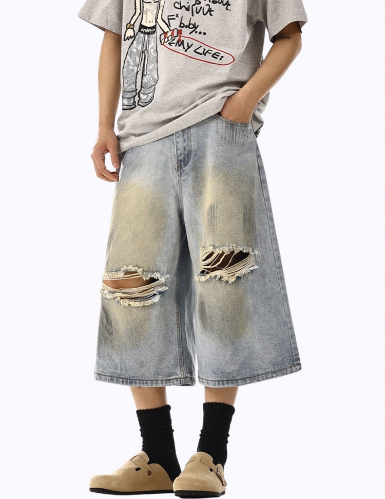 더티 머드다이드 리핑 하프 데님 팬츠