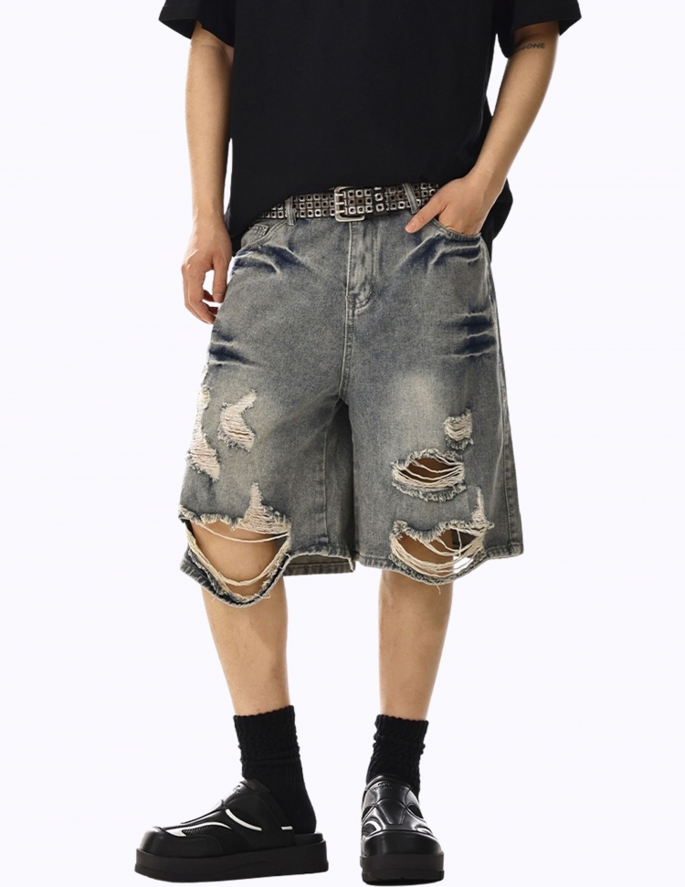 워시드 디스트레스드 리핑 하프 데님 팬츠