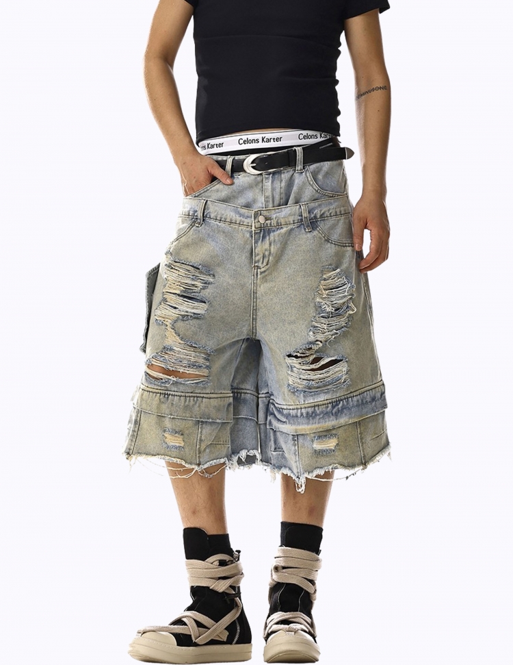 더티 워싱 레이어드 리핑 하프 데님 팬츠