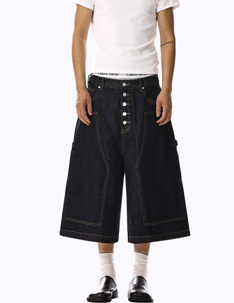 워시드 스티칭 버튼 하프 팬츠