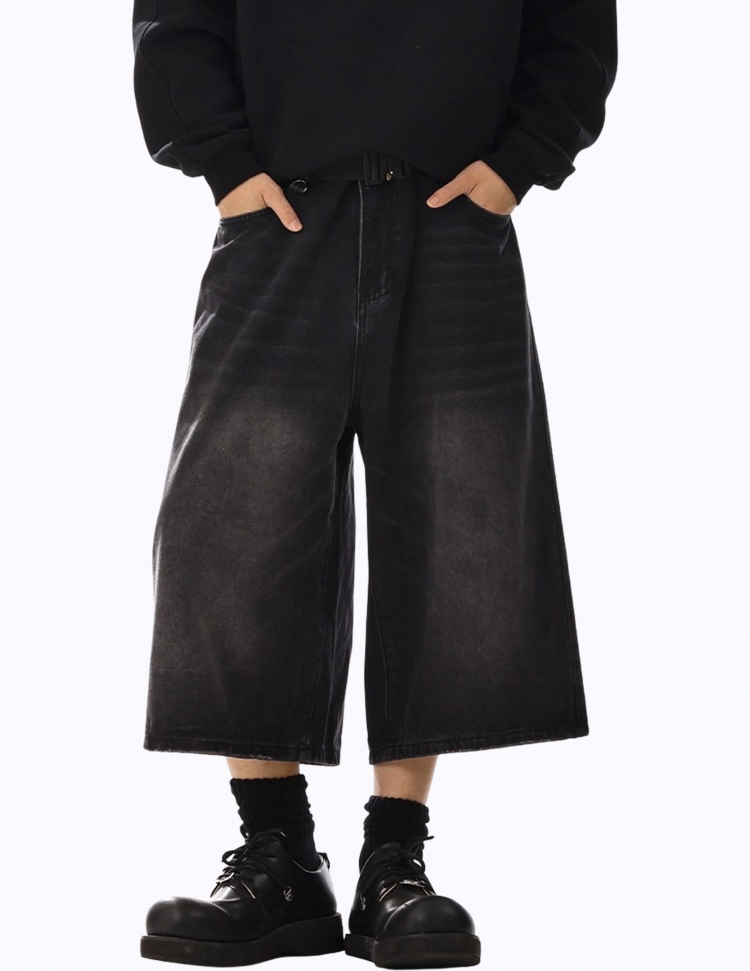 다크 올드 워시드 루즈 하프 데님 팬츠