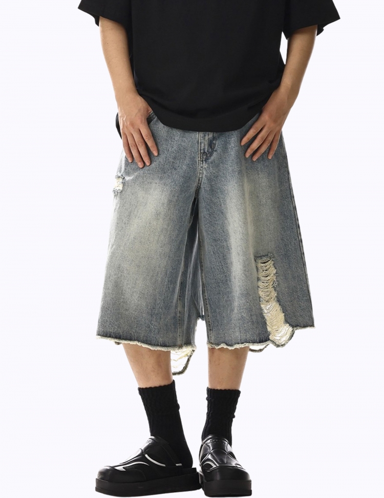 빈티지 캐주얼 립트 하프 데님 팬츠