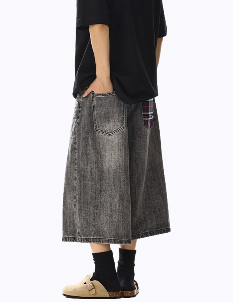 캐주얼 체크 포켓 하프 데님 팬츠