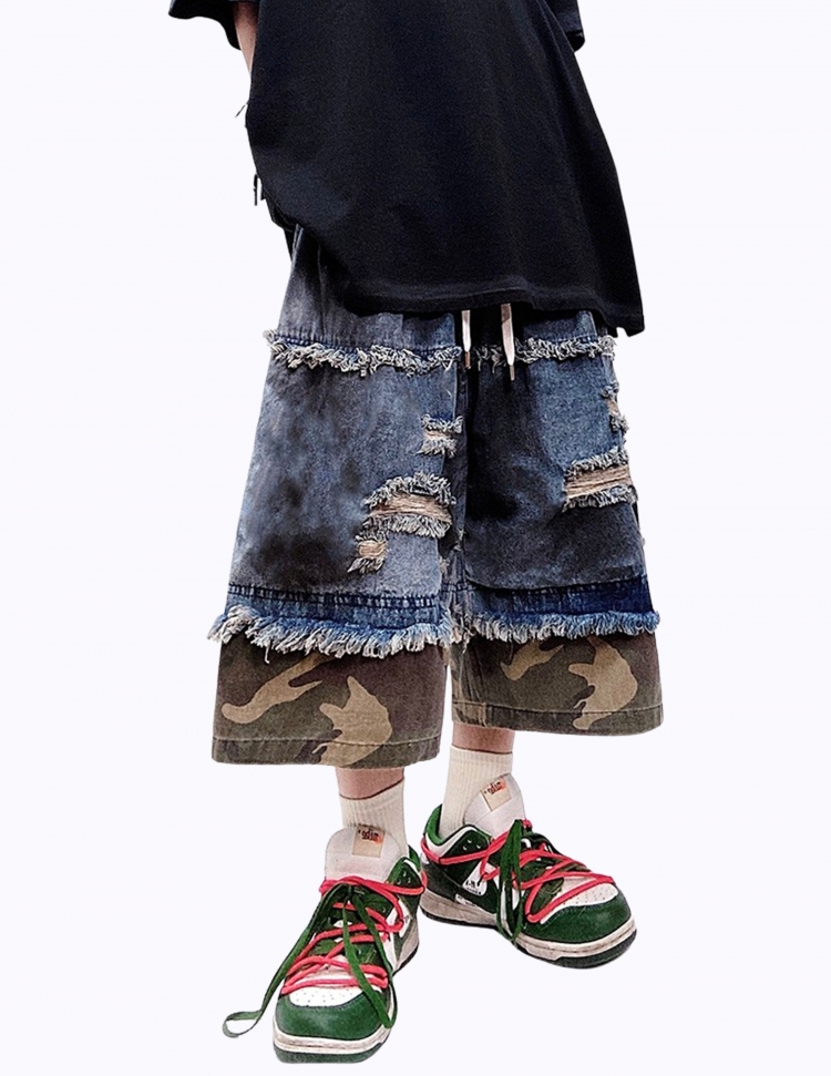 립트 카모 레이어드 데님 밴딩 팬츠