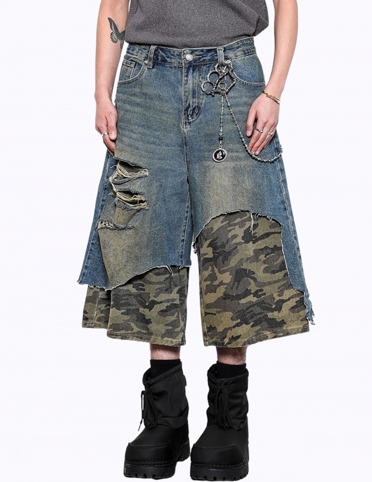 카모 패치워크 립트 데님 팬츠