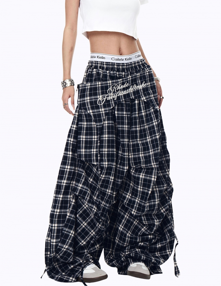 체크 레이어드 플리츠 팬츠