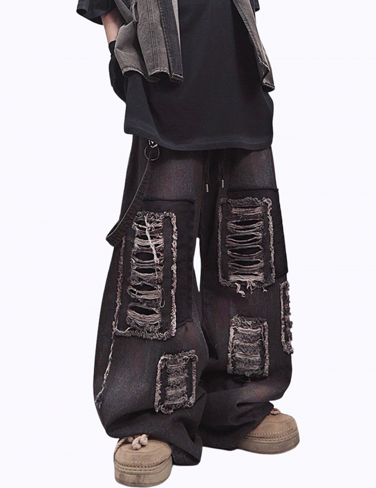 스트랩 립트 패치워크 데님 밴딩 팬츠