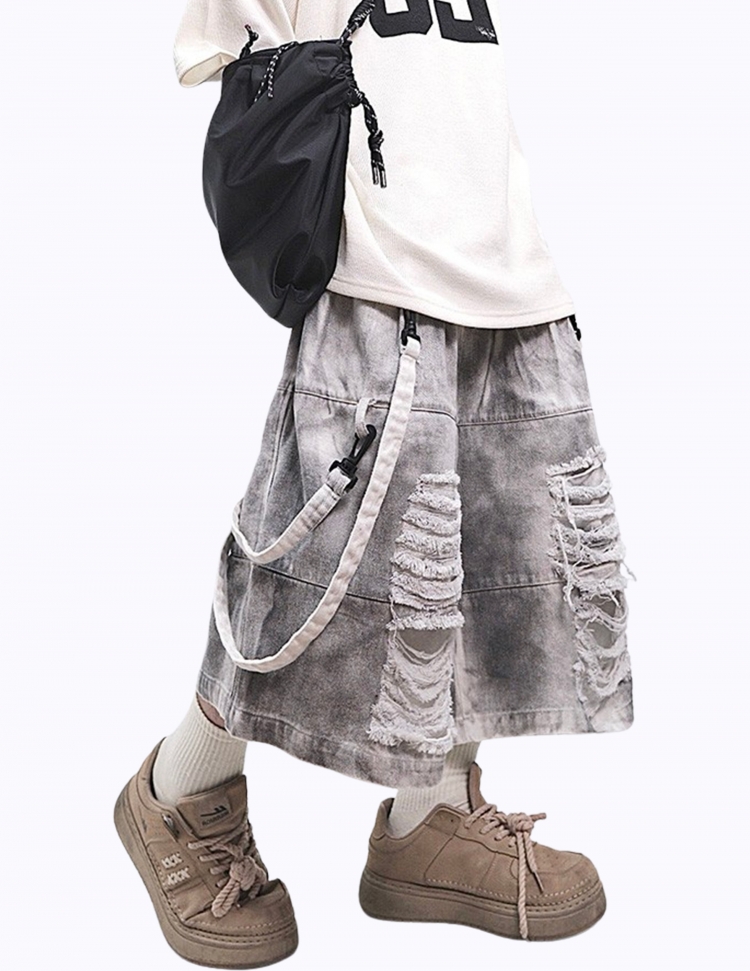 더티 워시드 스트랩 하프 멀티포켓 밴딩 팬츠