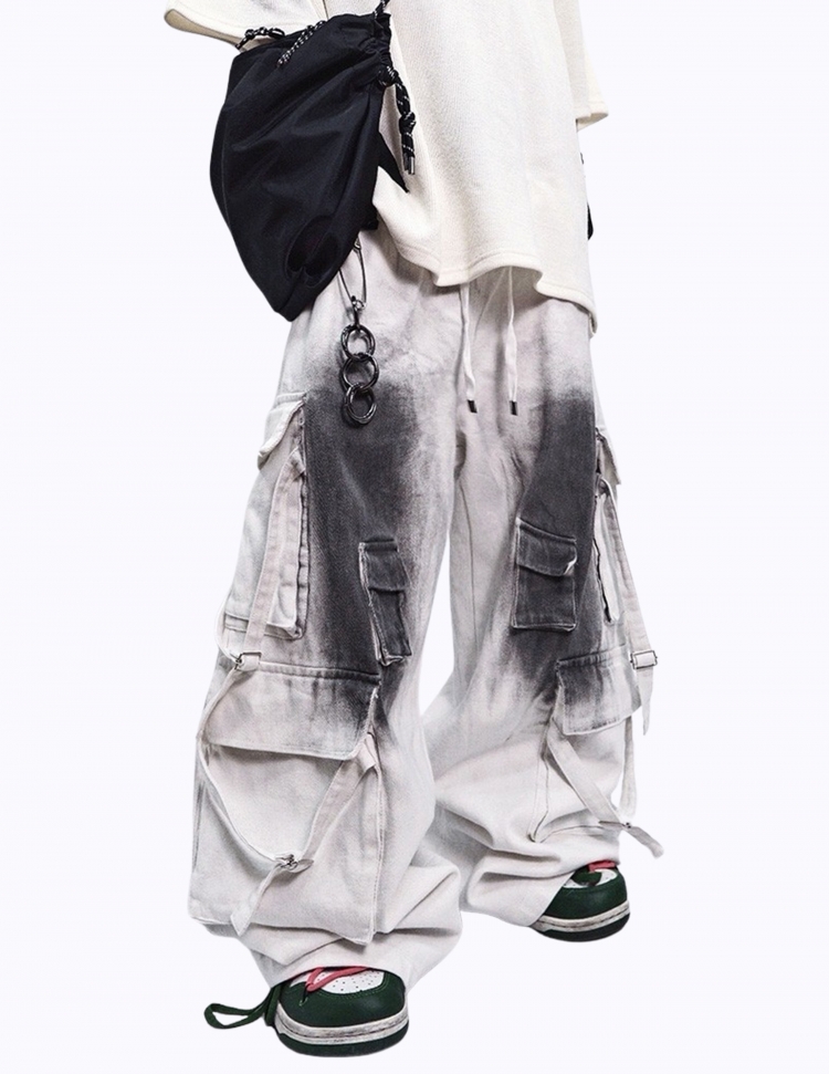 더티 와이드 멀티포켓 밴딩 팬츠